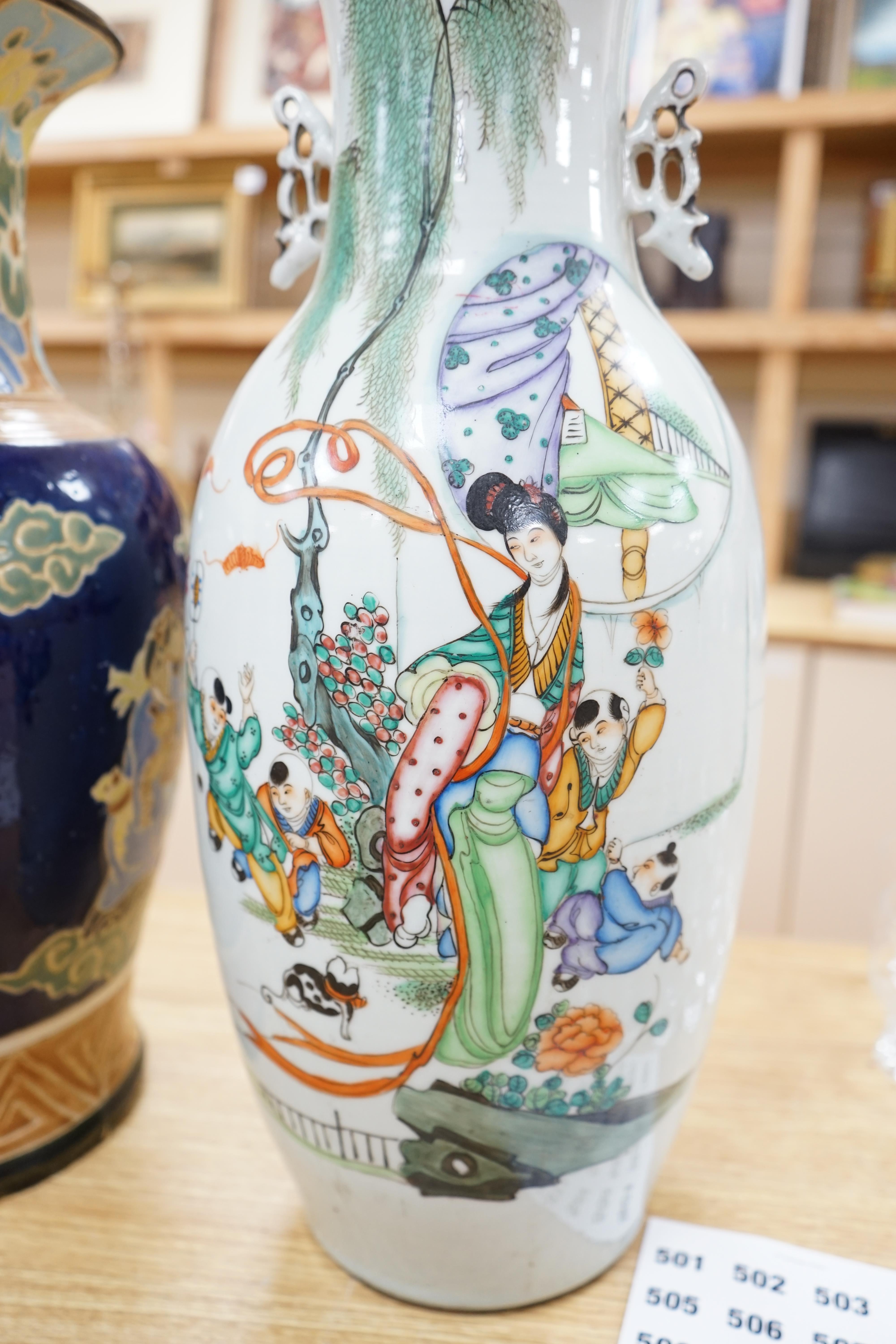 A large Chinese famille rose figure painted vase, Republic period and another vase, tallest 56.5cm. Condition - fair to good.